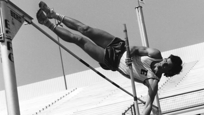 Decathlete, Peter Hadfield competing in the Pole Vault at the Commomwealth Games in Brisbane in 1982. Picture: Ron Iredale