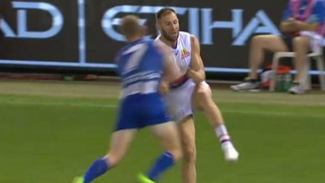 Jack Ziebell crunches Travis Cloke late in the third quarter. Picture: Channel 7