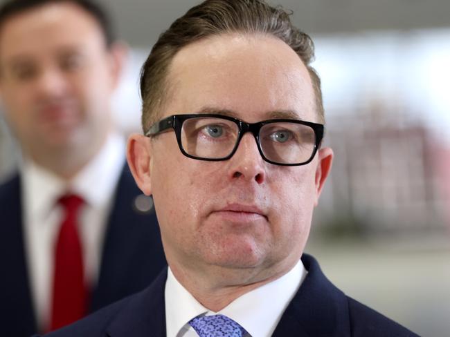 SYDNEY, AUSTRALIA - NewsWire Photos APRIL 8, 2022: Qantas Group CEO Alan Joyce pictured speaking at an event in a Qantas hanger at Sydney airport. Qantas and Jetstar make an announcement about two new international routes from Sydney.Picture: NCA NewsWire / Damian Shaw