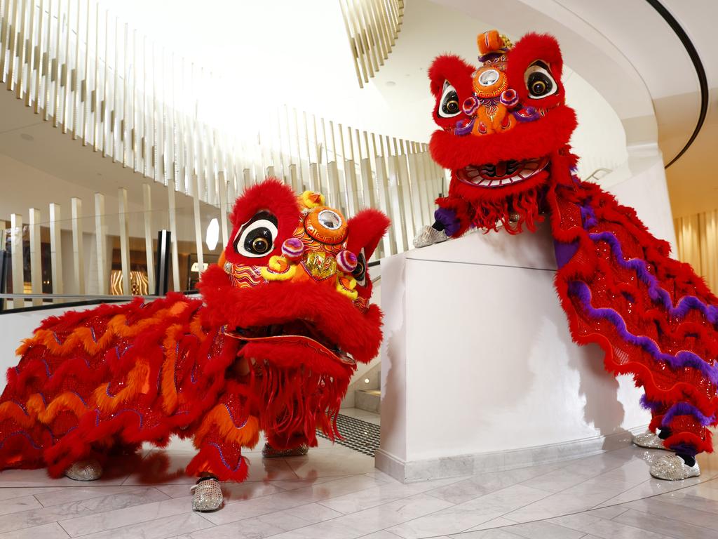 Lion dancers at the restaurant Golden Century at Crown Sydney for Chinese New Year. Picture: Jonathan Ng