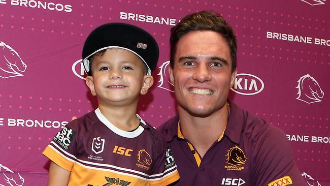 Brodie Croft poses with a fan at the Brisbane Broncos members day. Picture: AAP.