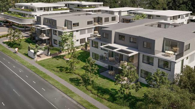 An artist's impression of a clubhouse (top left and seniors’ apartment blocks proposed as part of the $77m application for the redevelopment of Forestville RSL Club. Picture: Quattro Architecture