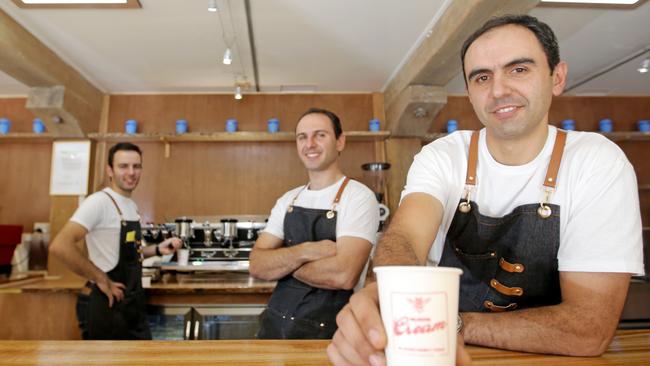 Owners and baristas at Salamanca's new coffee bar Salamanca Cream, Alex, left, George and Nick Lazarou. Picture: PATRICK GEE