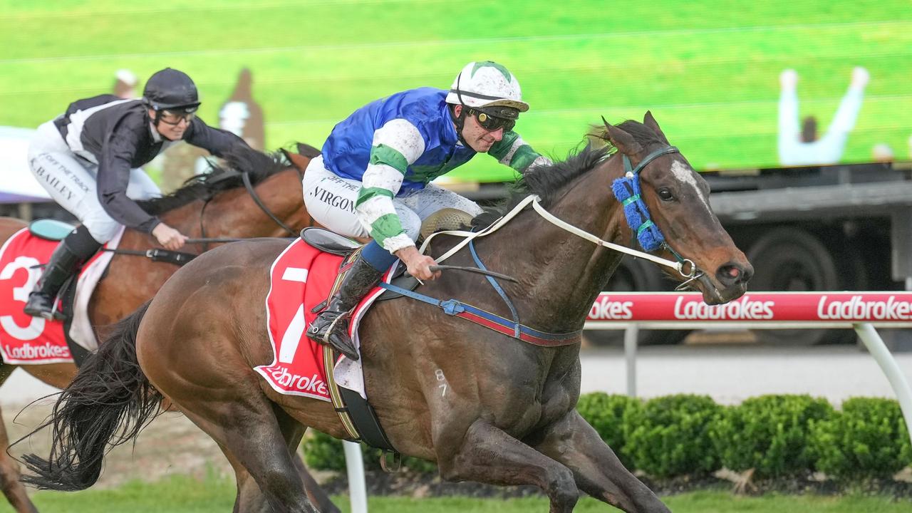 Fleet Dreams, ridden by Jack Virgona, scored an emotional win for the Cosgriff family at Cranbourne earlier this month. Picture: Racing Photos via Getty Images