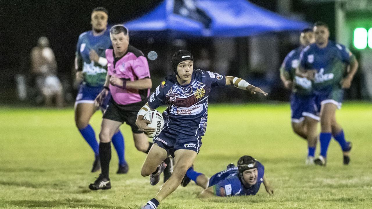 Trae Bennetto for Emus. 2023 TRL Cultural Cup, SW Qld Emus vs Pacific Nations Toowoomba. Saturday, February 25, 2023. Picture: Nev Madsen.