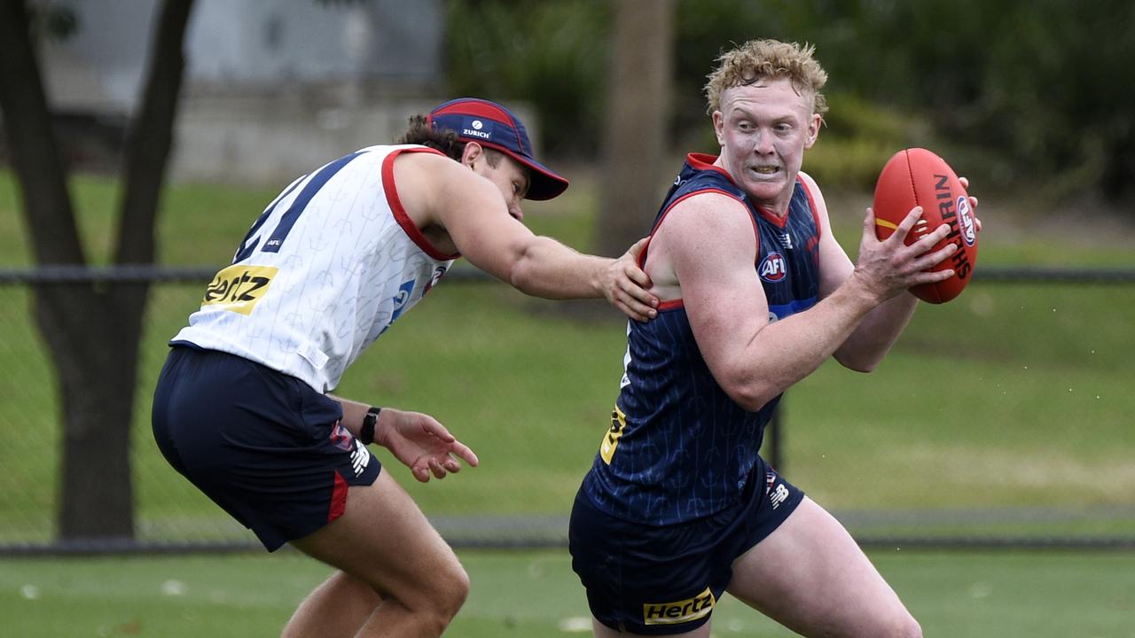 Clayton Oliver and Matthew Jefferson at Melbourne pre-season training. Picture: Andrew Henshaw