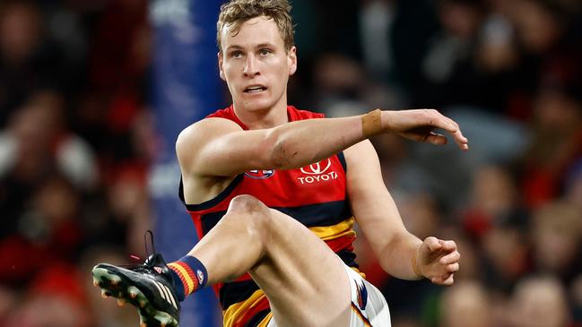 MELBOURNE, AUSTRALIA - JULY 09: Jordan Dawson of the Crows kicks the ball during the 2023 AFL Round 17 match between the Essendon Bombers and the Adelaide Crows at Marvel Stadium on July 9, 2023 in Melbourne, Australia. (Photo by Michael Willson/AFL Photos via Getty Images)