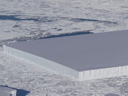 A tabular iceberg can be seen on the right, floating among sea ice just off of the Larsen C ice shelf. The iceberg's sharp angles and flat surface indicate that it probably recently calved from the ice shelf. Source: Nasa/ Twitter