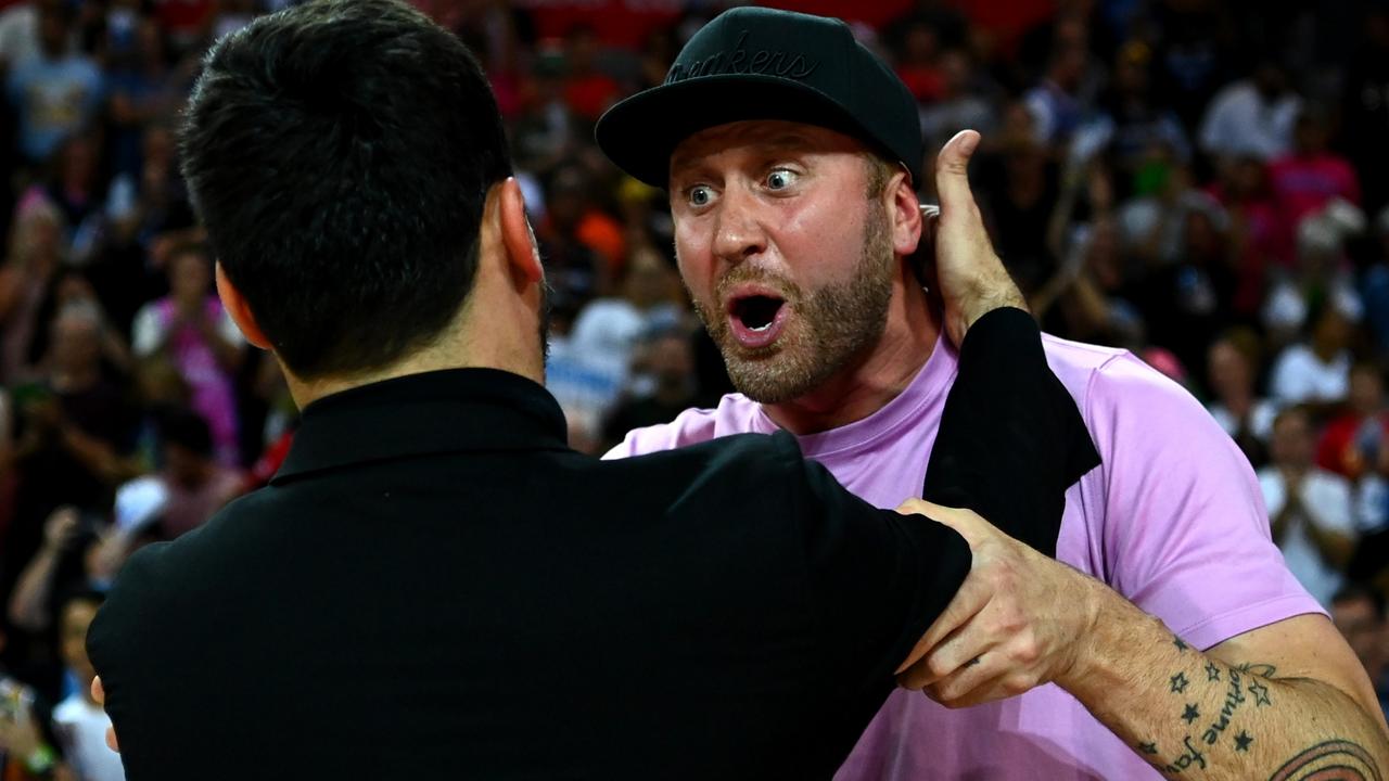 Breakers coach Mody Maor celebrates with Breakers owner Matt Walsh after winning game four. Picture: Getty Images