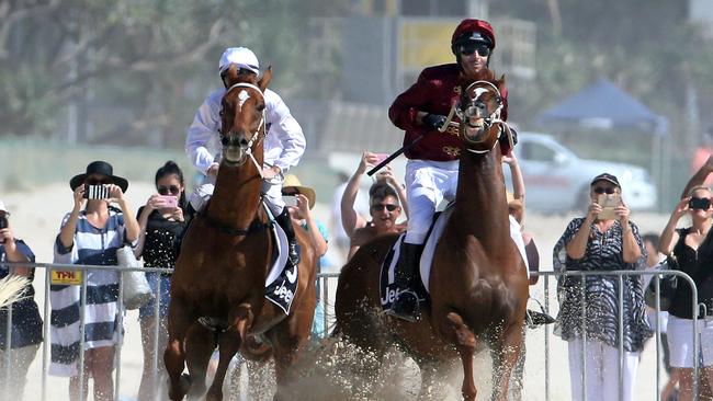Sheik Fahad Al-thani in the red silks takes part in the Surfers Paradise beach run during last January’s Magic Millions bloodstock sales week carnival. Picture: Richard Gosling