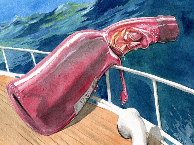 Daily Life art. Wine bottle leaning over side of ship. Artwork by Sturt Krygsman.