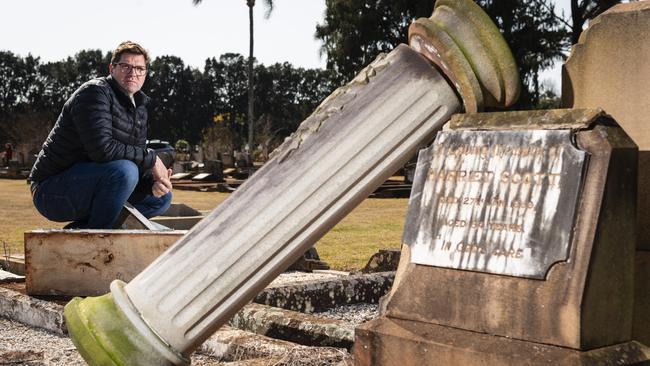 Toowoomba Region Mayor Geoff McDonald is disgusted after vandals damage or destroy more than 300 graves at Toowoomba's Drayton Cemetery, Sunday, August 11, 2024. Picture: Kevin Farmer