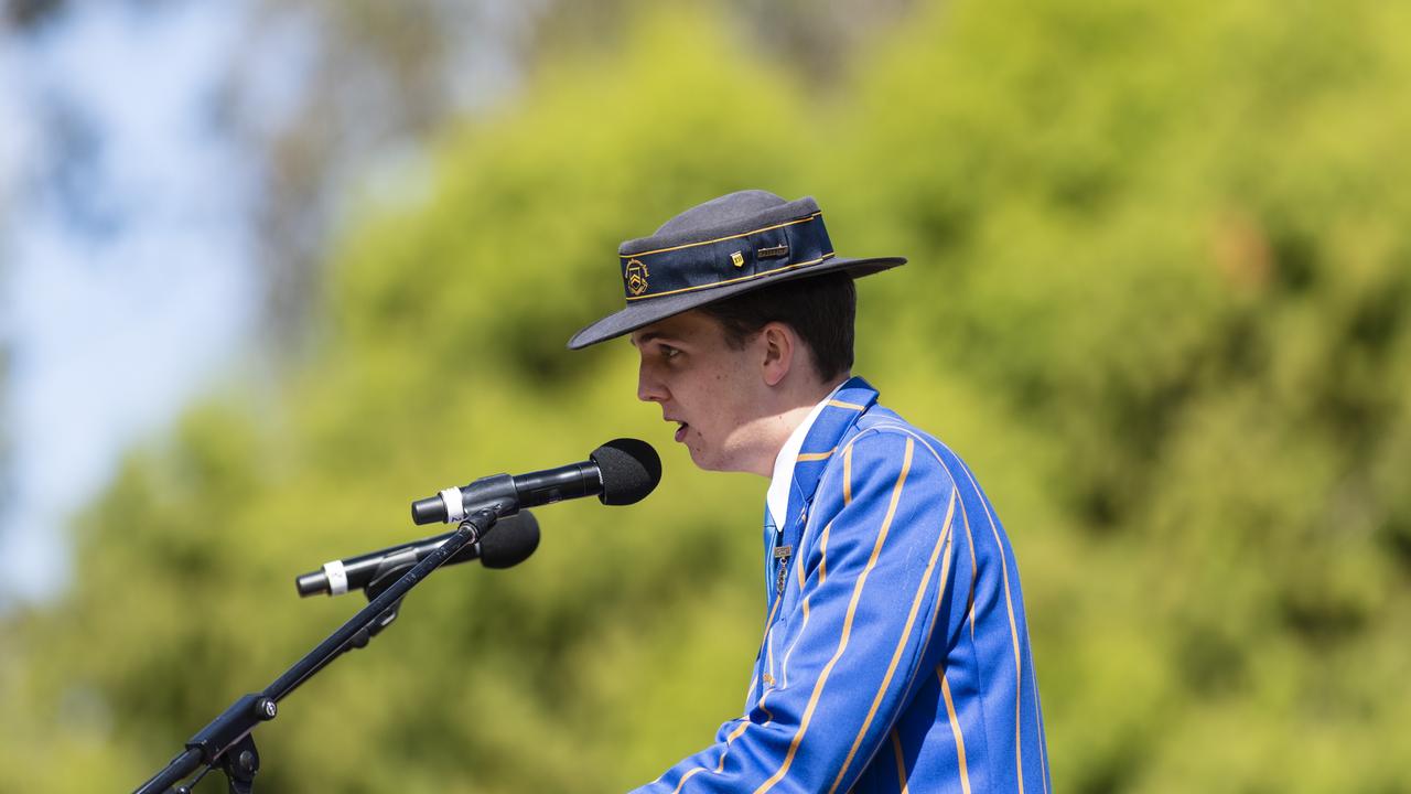 Toowoomba Grammar School student Sam Freer gives the main address at the Anzac Day Toowoomba mid-morning Service of Remembrance at the Mothers' Memorial, Tuesday, April 25, 2023. Picture: Kevin Farmer