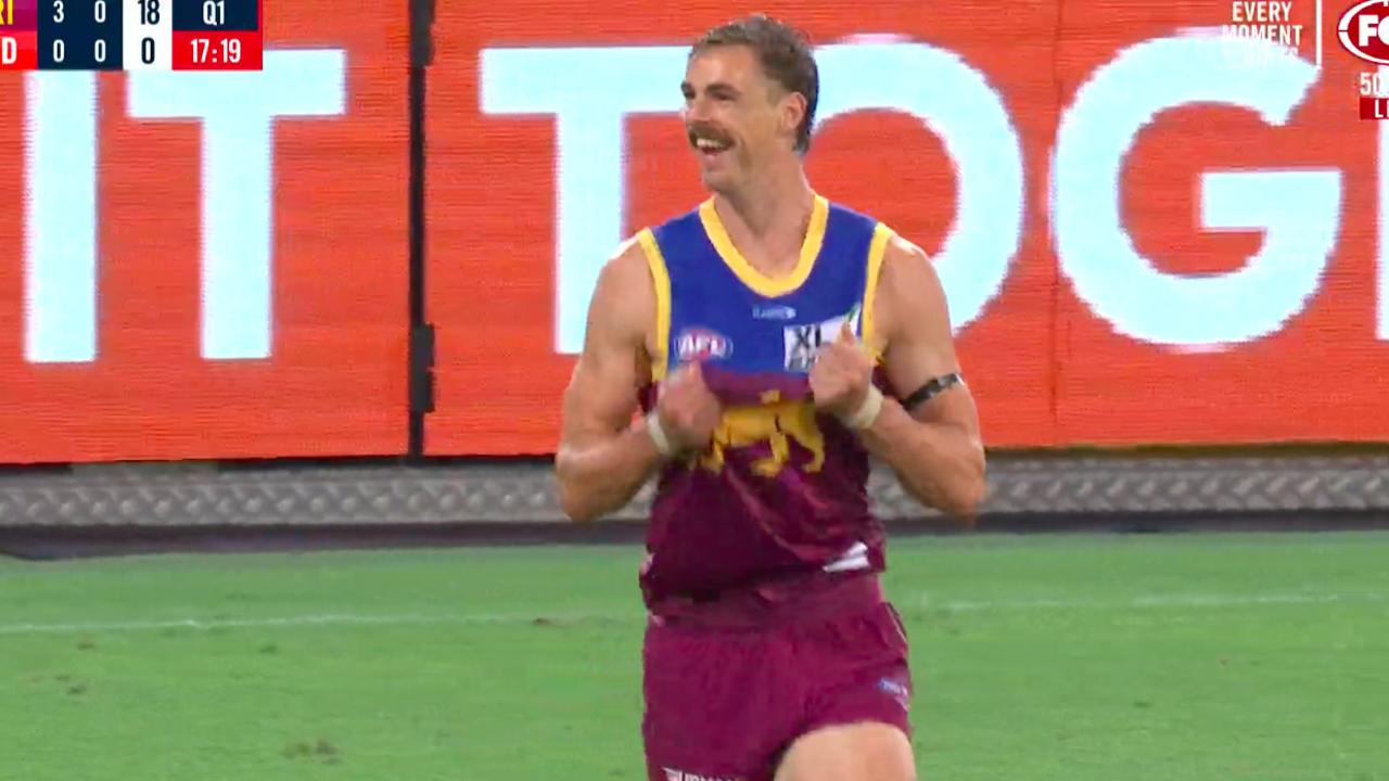 Joe Daniher celebrates his goal.