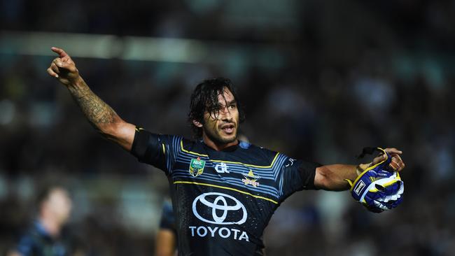 Johnathan Thurston celebrates North Queensland’s finals win over the Broncos in 2016. Picture: Zak Simmonds