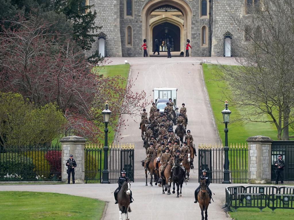 The King's Troop Royal Horse Artillery process on the Long Walk ahead of Saturday’s grand funeral for Prince Philip. Picture: Christopher Furlong/Getty Images