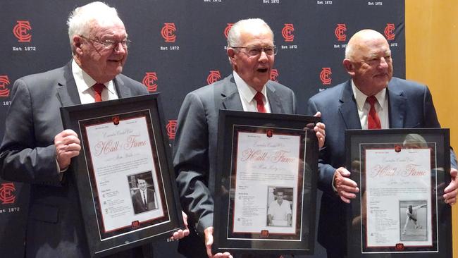 Essendon Hall of Fame inductees Michael Walsh, Keith Kirby and John Grant. Picture: Ben Higgins