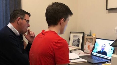 Parent-teacher interviews in a time of Covid. Premier Dan Andrews and son Noah having a parent-teacher meeting last month. Picture: Dan Andrews’ Facebook