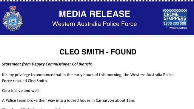 A portion of the media release announcing Cleo had been found. Picture: Supplied