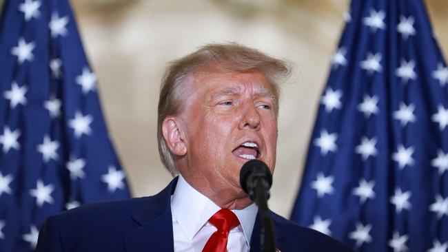 WEST PALM BEACH, FLORIDA - APRIL 04: Former U.S. President Donald Trump speaks during an event at the Mar-a-Lago Club April 4, 2023 in West Palm Beach, Florida. Trump pleaded not guilty in a Manhattan courtroom today to 34 counts related to money paid to adult film star Stormy Daniels in 2016, the first criminal charges for any former U.S. president.   Joe Raedle/Getty Images/AFP (Photo by JOE RAEDLE / GETTY IMAGES NORTH AMERICA / Getty Images via AFP)