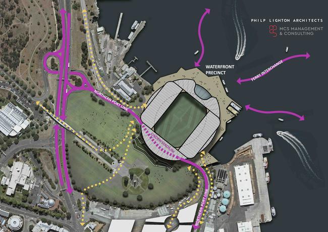 A site plan of a new $750m Hobart stadium on the waterfront and reclaimed land at the Regatta Grounds, featuring the ability to have a closed roof. Picture: Philip Lighton Architects.