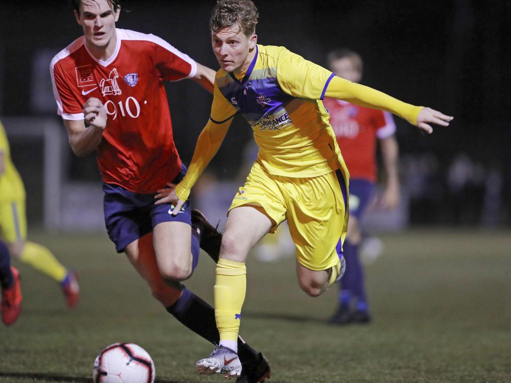 Lokoseljac Cup Final at KGV. Devonport Strikers versus South Hobart. Devonport's Max Fitzgerald flies towards goal. Picture: PATRICK GEE