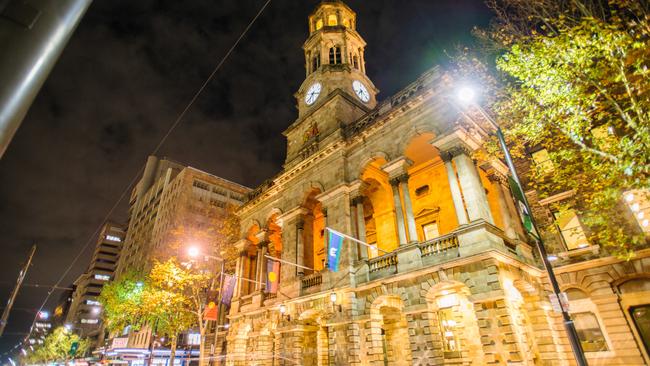 The Adelaide Town Hall at night. Picture: Morgan Sette