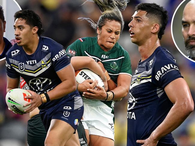 Cowboys Corner July 2024. Left to right: Murray Taulagi, Harata Butler and Heilum Luki. NRLW coach Ricky Henry (inset left), NRL coach Todd Payten (inset right),