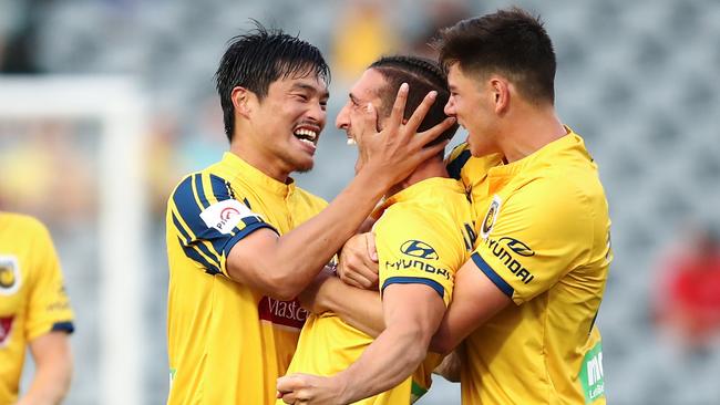 Giancarlo Gallifuoco celebrates his matchwinning goal for Central Coast.