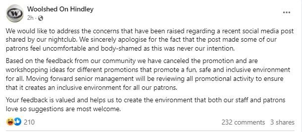 The Woolshed on Hindley have apologised for an inappropriate promotion encouraging women to remove their bras for free drinks. Picture: Facebook