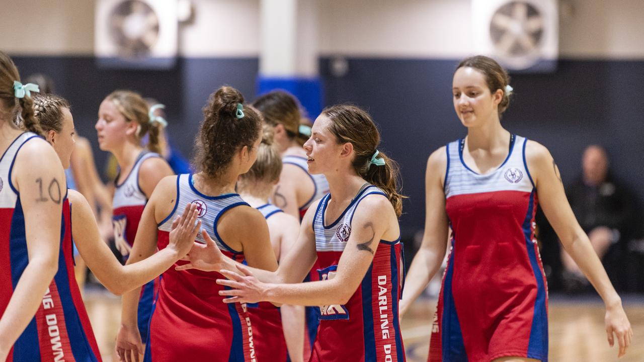 Darling Downs at halftime against Peninsula in Queensland School Sport 16-19 Years Girls Netball Championships at Clive Berghofer Arena, St Mary's College, Friday, May 6, 2022. Picture: Kevin Farmer