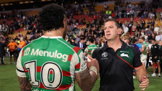 South Sydney head coach Jason Demetriou (R) has continued to challenge his side to tighten up its defence. Picture: Getty