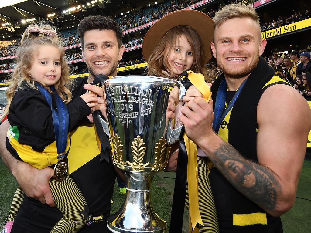 Trent Cotchin and Brandon Ellis after Richmond’s 2019 Grand Final win. Picture: Quinn Rooney/Getty Images