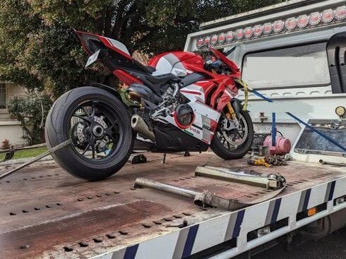 A 2021 Ducati motorbike was trucked away.