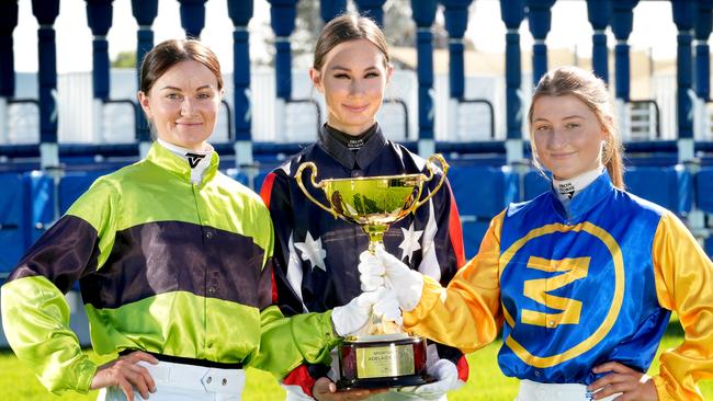 Top SA jockeys (from left) Teagan Voorham, Taylor Johnstone, and Rochelle Milnes, in their Adelaide Cup jockey silks. Picture: Dean Martin