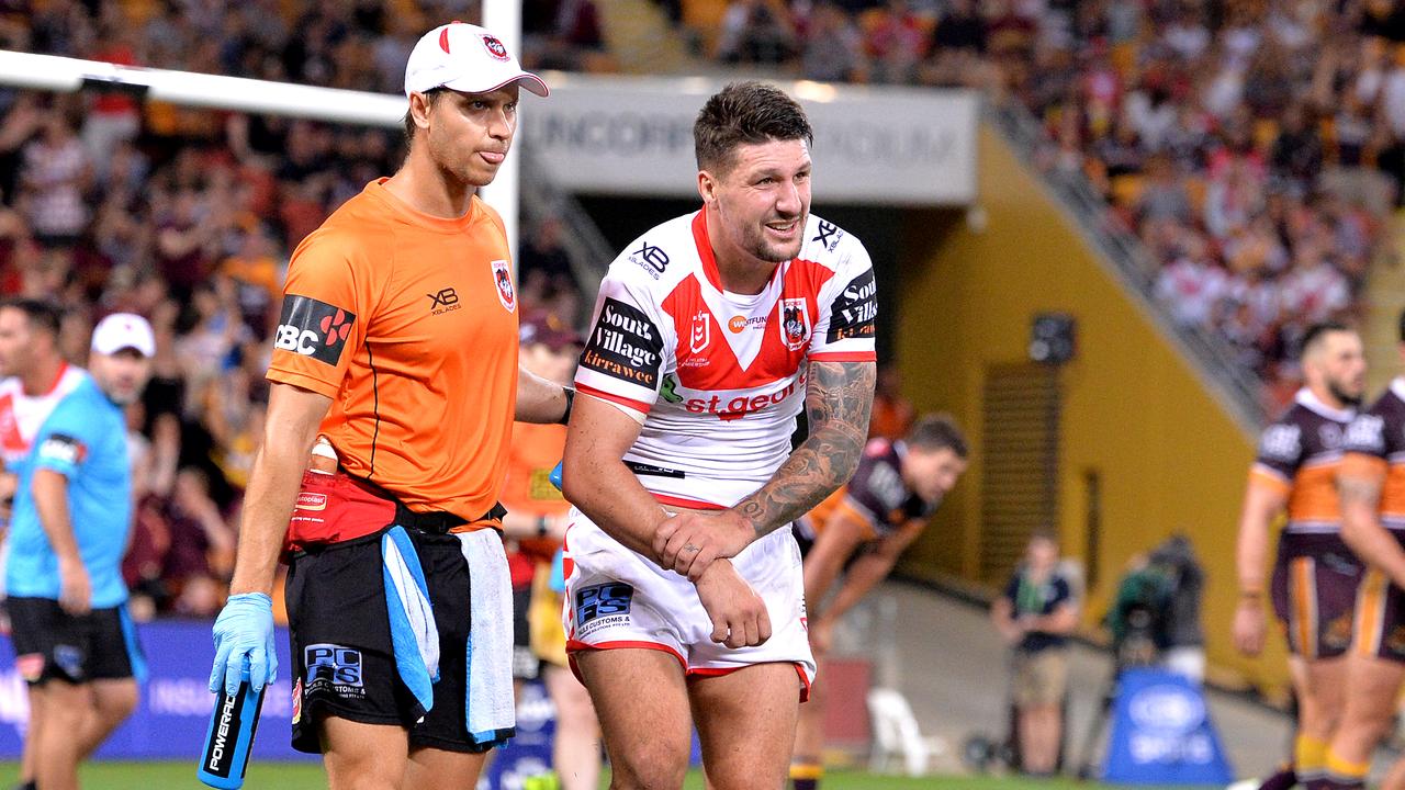 Gareth Widdop of the Dragons is taken from the field injured during win over the Broncos