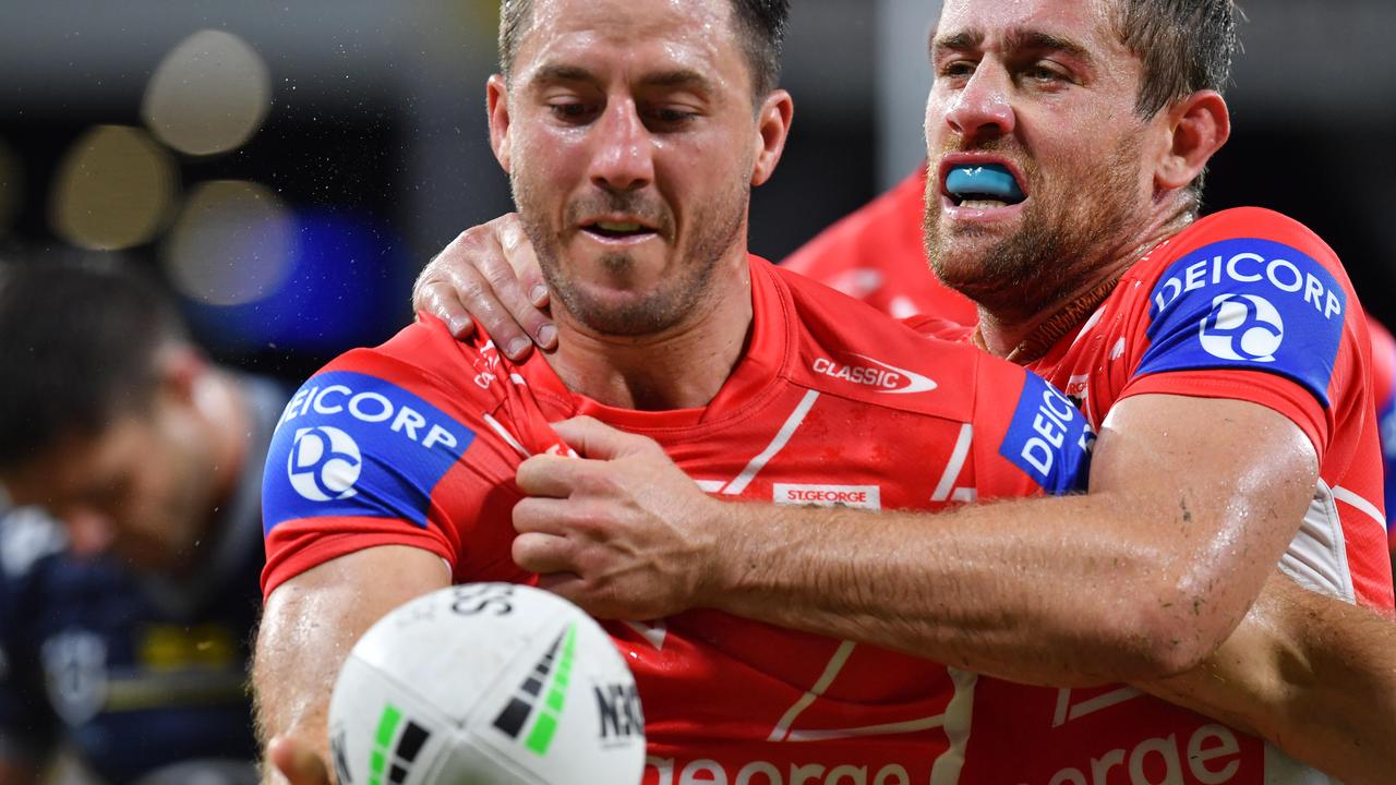 Ben Hunt scores a try and celebrates with Andrew McCullough. Picture: Evan Morgan