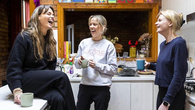 Rental housemates, from left, Mathilda Saunders, Natasha Watts and Kaya Murray at their home in Balaclava in inner-city Melbourne. Picture: Aaron Francis