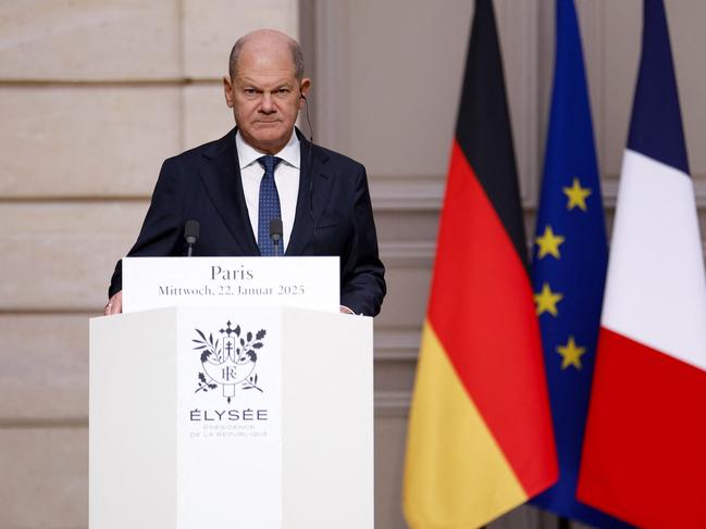 German Chancellor Olaf Scholz speaks during a press conference after a meeting with France's President at The Elysee Presidential Palace in Paris on January 22, 2025. (Photo by Mohammed  BADRA / POOL / AFP)