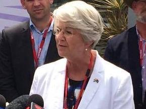 Rockhampton Region mayor Margaret Strelow addresses media at the Rockhampton Airport, where Adani officials have signed an agreement which will see the city become one of two FIFO Hubs for its Carmichael Coal Mine.