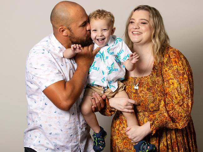 Bronte and Romi Santos with ‘happy, confident, funny’ Arlo. Picture: Mark Stewart