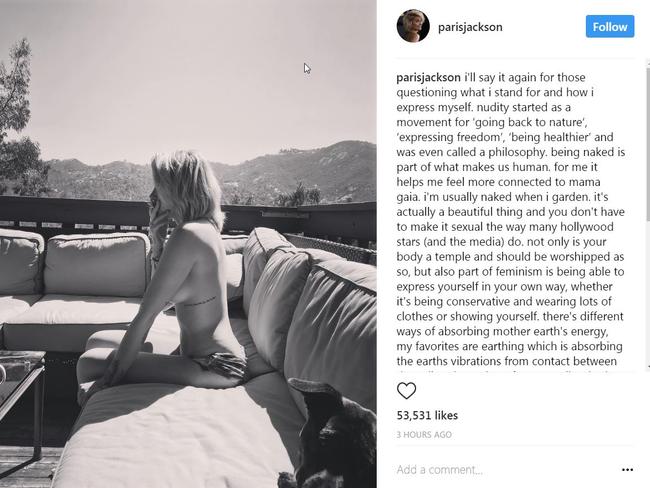 Jackson takes to Instagram to defend herself after posting a nude photo.