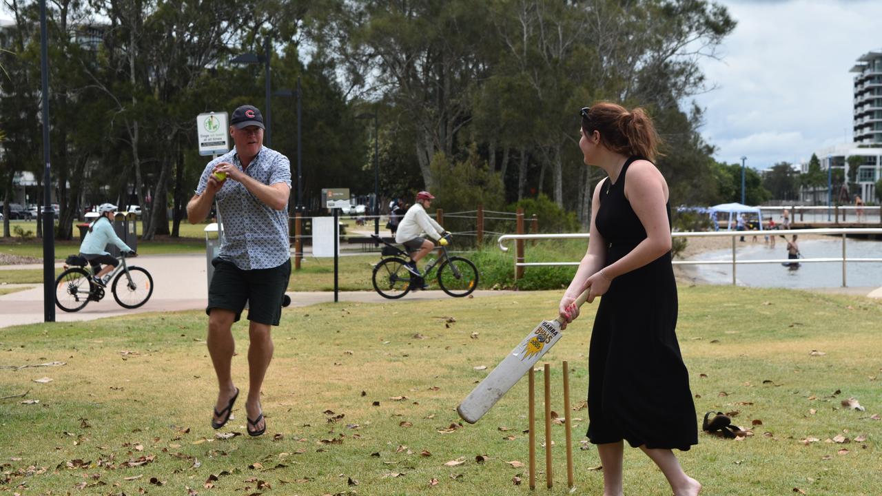 Kaitlyn Mann, Andrew Gregory and Neil McManus playing cricket in Maroochydore for Boxing Day. Picture: Sam Turner