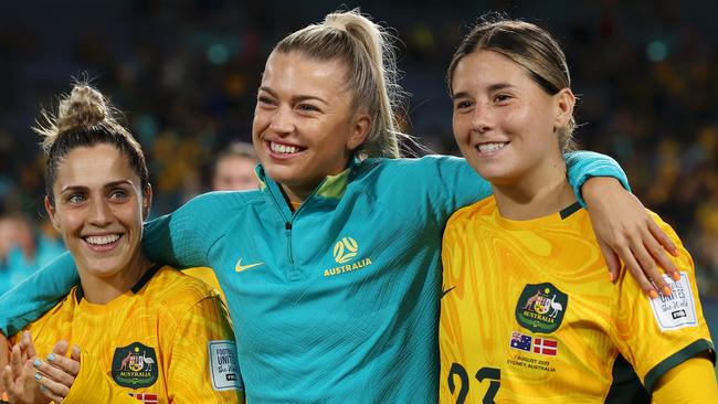 Katrina Gorry, Charlotte Grant and Kyra Cooney-Cross Picture: Maddie Meyer – FIFA/FIFA via Getty Images