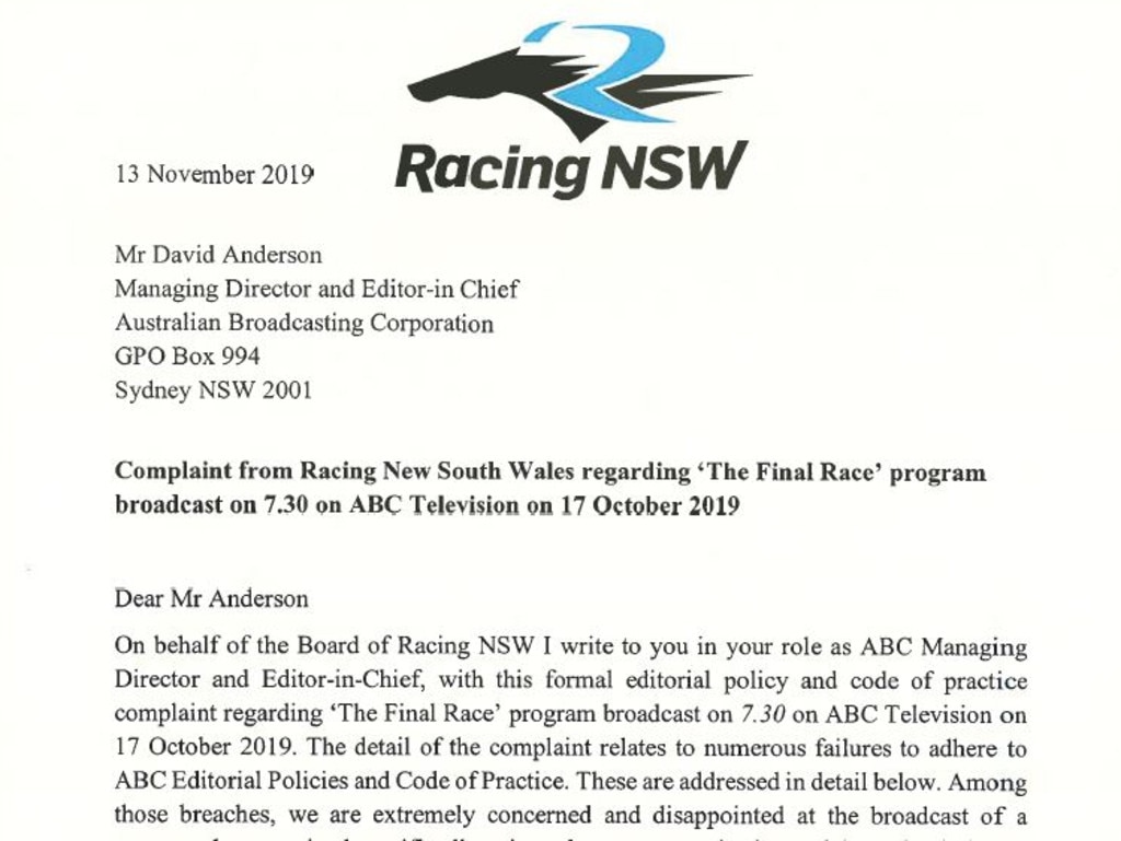 The Racing NSW letter to the ABC says the 7.30 program made no effort to explain the body’s lack of any connection with the Queensland abattoir.