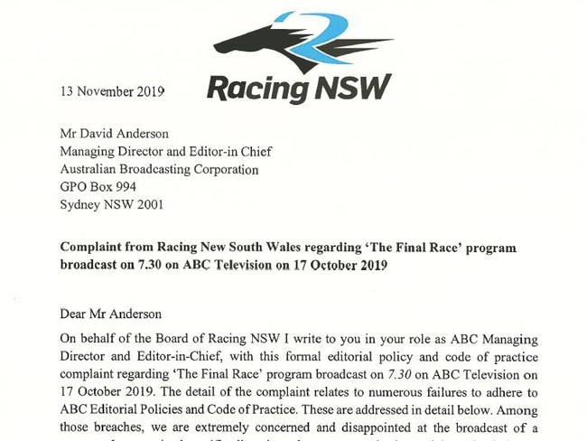 The Racing NSW letter to the ABC says the 7.30 program made no effort to explain the body’s lack of any connection with the Queensland abattoir.