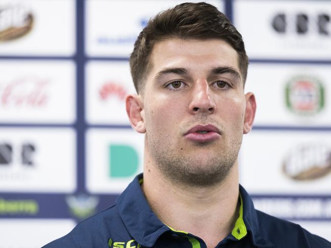 CANBERRA, AUSTRALIA - SEPTEMBER 11: Canberra Raiders NRL player Curtis Scott speaks to the media during a press conference on September 11, 2020 in Canberra, Australia. Scott was charged after being arrested on Australia Day in Sydney earlier this year. (Photo by Rohan Thomson/Getty Images)