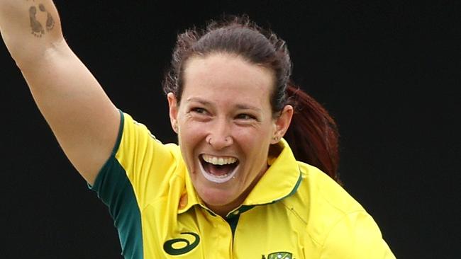 SYDNEY, AUSTRALIA - FEBRUARY 07:  Megan Schutt of Australia celebrates taking the wicket of Laura Wolvaardt of South Africa during game two of the Women's One Day International series between Australia and South Africa at North Sydney Oval on February 07, 2024 in Sydney, Australia. (Photo by Mark Metcalfe/Getty Images)