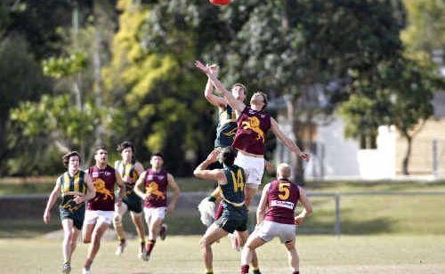 The big men fly at Maroochydore’s Fishermans Road ground yesterday. Picture: Cade Mooney