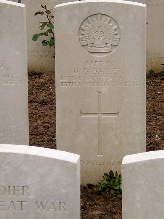 Guy Bailey’s headstone at the Vaulx Hill Cemetery in France. Picture: A. HOWARD AND K. BLACK